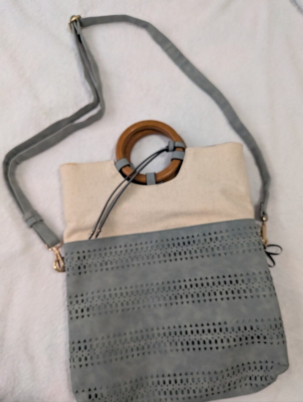 Canvas and Perforated Faux Suede Shoulder Bag in Light Gray and Cream